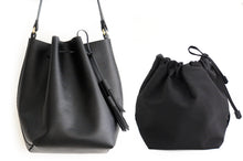 Load image into Gallery viewer, Bucket bag, shoulder bag made of saffiano printed leather, black color. Chiara leather bucket bag