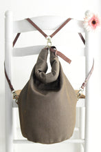 Load image into Gallery viewer, Cleo CONVERTIBLE BACKPACK in bag, canvas and leather backpack, Brown color.