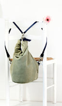 Load image into Gallery viewer, Cleo CONVERTIBLE BACKPACK, leather backpack, made of  italian Suede leather, Olive & black color.