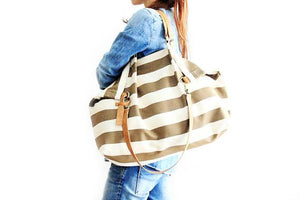 Weekend BAG, canvas and leather bag, striped brown. Personalized with name.