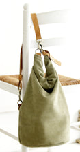 Load image into Gallery viewer, Cleo CONVERTIBLE BACKPACK, leather backpack, made of  italian Suede leather, Olive color.