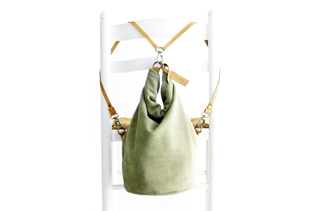 Cleo CONVERTIBLE BACKPACK, leather backpack, made of  italian Suede leather, Olive color.