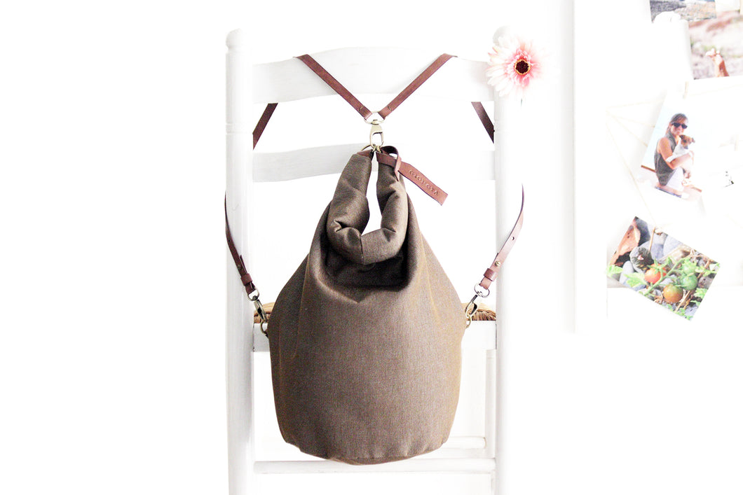 Cleo CONVERTIBLE BACKPACK in bag, canvas and leather backpack, Brown color.