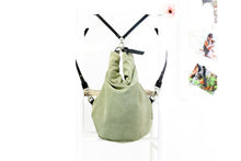 Load image into Gallery viewer, Cleo CONVERTIBLE BACKPACK, leather backpack, made of  italian Suede leather, Olive &amp; black color.