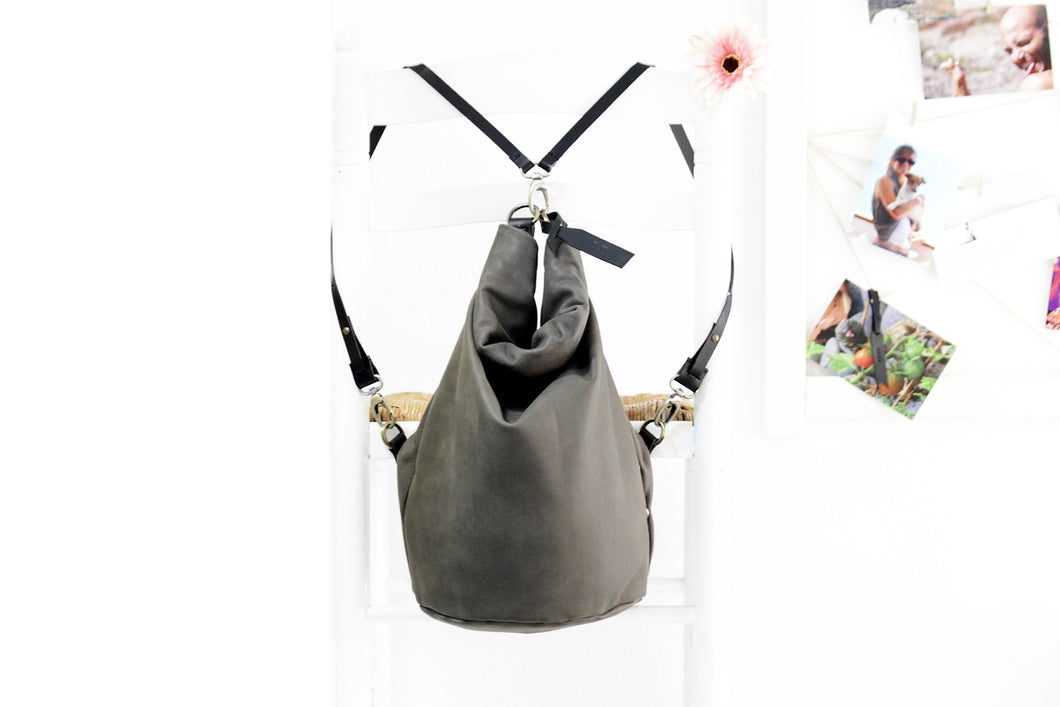 Cleo CONVERTIBLE BACKPACK, leather backpack, made of  italian leather, Grey color.