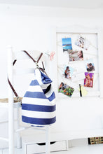 Load image into Gallery viewer, Cleo CONVERTIBLE BACKPACK in bag, canvas and leather backpack, Striped Blue color.