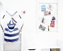 Load image into Gallery viewer, Cleo CONVERTIBLE BACKPACK in bag, canvas and leather backpack, Striped Blue color.