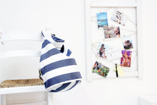 Load image into Gallery viewer, Cleo CONVERTIBLE BACKPACK in bag, canvas and leather backpack, Striped Blue color.