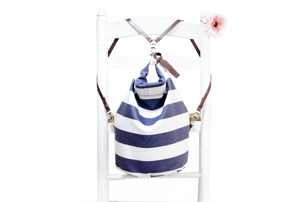 Cleo CONVERTIBLE BACKPACK in bag, canvas and leather backpack, Striped Blue color.