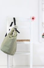 Load image into Gallery viewer, Cleo CONVERTIBLE BACKPACK, leather backpack, made of  italian Suede leather, Olive &amp; black color.