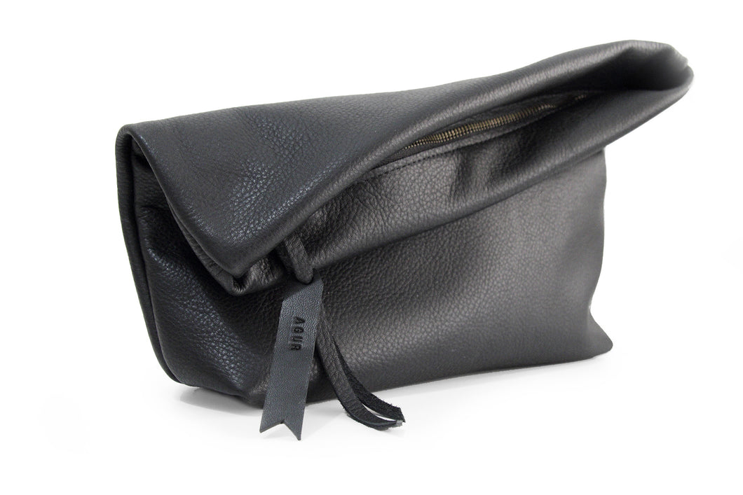 Black leather clutch bag or make-up pouch - AGUR clutch personalized with your name
