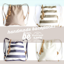 Load image into Gallery viewer, Vale BACKPACK, canvas and leather backpack, striped brown. Personalized with your initials.