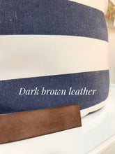 Load image into Gallery viewer, Cleo CONVERTIBLE BACKPACK in bag, canvas and leather backpack, Striped Blue color.